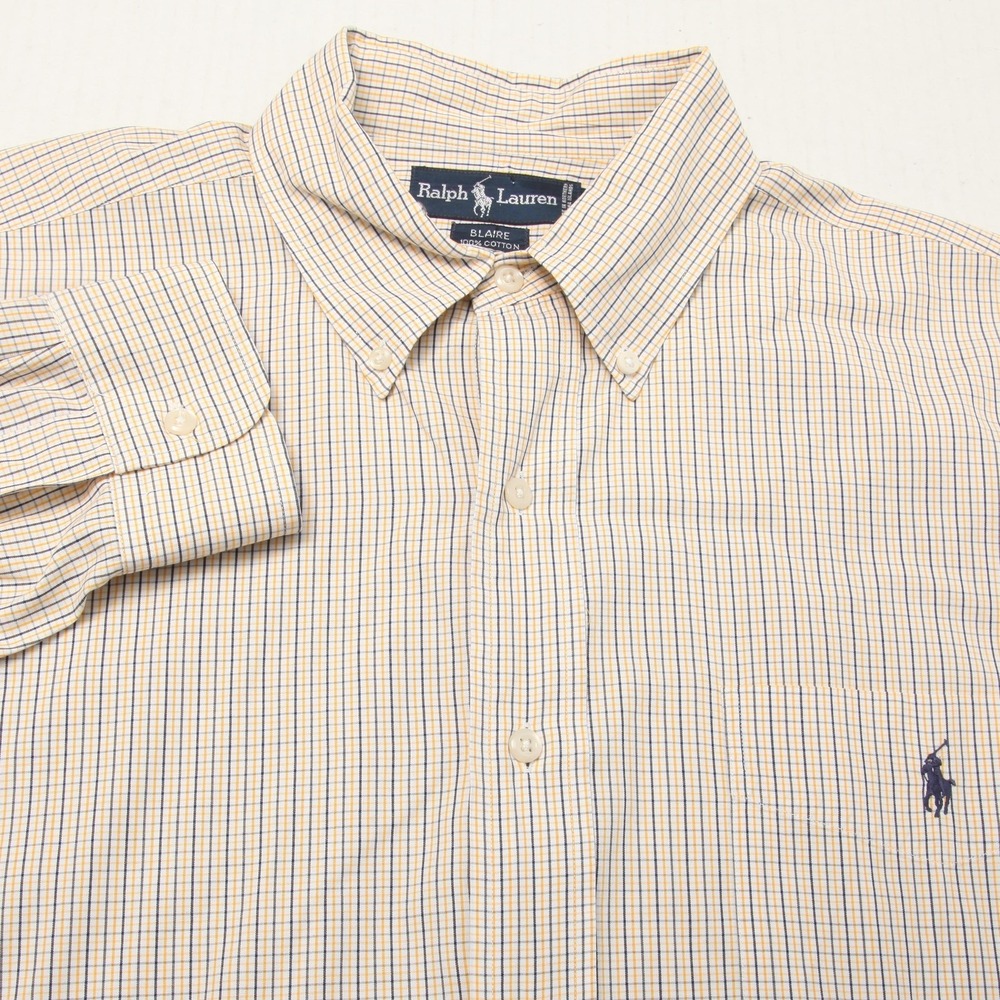 Ralph Lauren Shirt Mens Large Yellow Blue Check Plaid Blaire Button Down Cotton